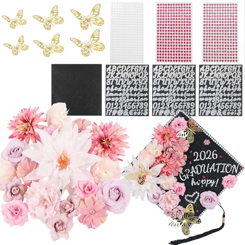 TKNOUS Pink DIY Graduation Cap Decorations Set - Faux Flower Heads 3D Butterfly Stickers Adhesive Rhinestones Glitter Letter Stickers Glitter Paper for Graduation Hat Topper Handmade Supplies