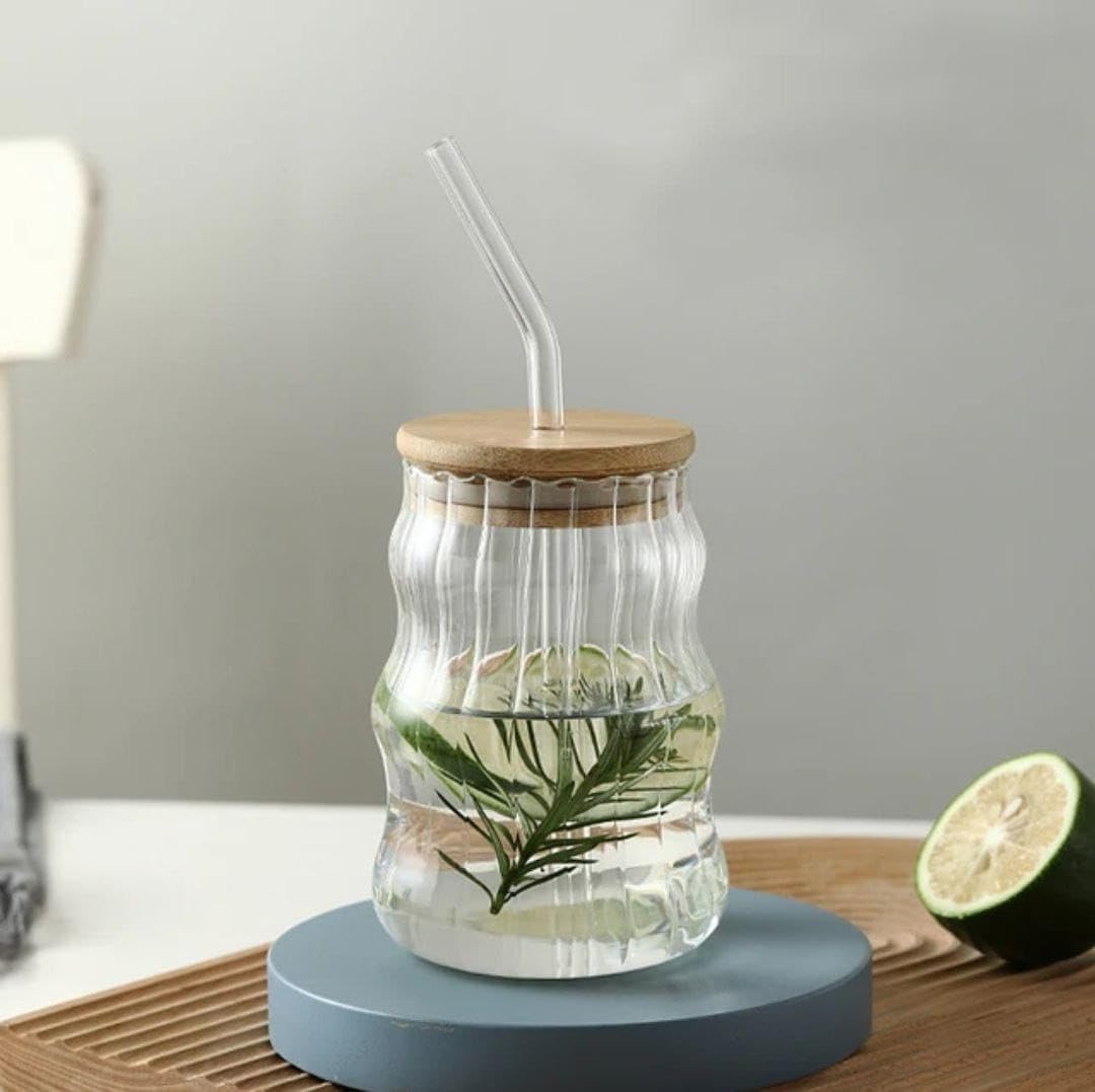 Glass Sipper with Lid and Straw Tumbler with Straw Random Design Cartoon Creative Clour Transparent Can Shape Sipper Cup Spill Proof with Wooden Lid (Zubelin lCan 1)-image-10
