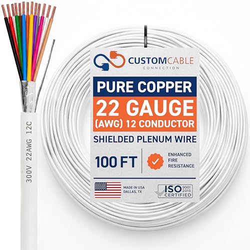 22 Gauge Wire (22 AWG) - 12 Conductor Stranded Copper Shielded Cable - UL Listed 22/12 Home Electrical Wire - Low Voltage Up to 300V - CMP/CL3P Low Smoke Plenum Jacket - USA Made (100ft - White)