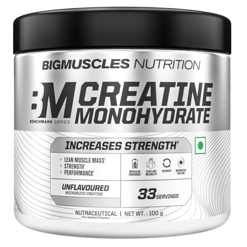 Bigmuscles Nutrition Creatine Monohydrate [33 Servings, Unflavoured] | Micronised Creatine Powder For Enhanced Muscle Strength With Rapid Absorption [100g] | Benchmark Series
