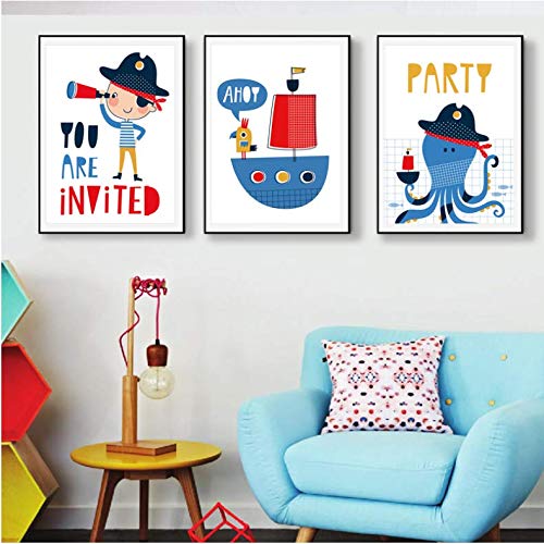 Tableau pirate voilier bleu pour décorer une chambre d'enfant poster marin 50x70cm