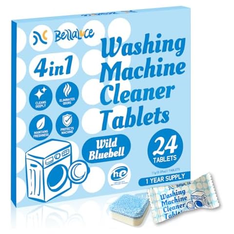 Washing Machine Cleaner Tablets Deodorizer-24 Pack Deep Cleaning Washer Descaler Freshener-Dirt Buildups Stain Odor Remover Spotless -Top Front Load HE Machines Wild Bluebell Foaming 1 Year Supply Cover
