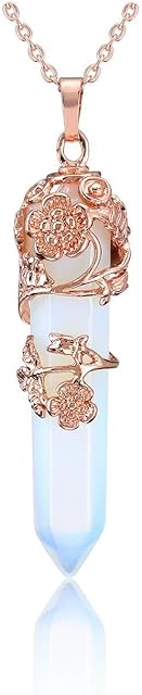 JOVIVI Opalite Crystal Healing Pendant Necklace for Women, Vintage Rose Gold Flower Wrapped Hexagonal Gemstone Healing Point Chakra Stone Necklace Energy Balacing Jewellery Gifts