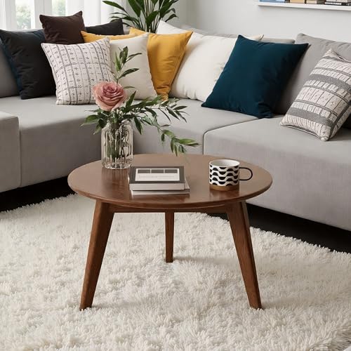 Vadisun 100% Solid Oak Wood Mini Coffee Table, Round Cofffe Table Side Table w/Solid Wood Legs, Walnut Mid Century Coffee Table Sturdy Table for Bedroom Balcony Living Room (23.62\" D x 13.78\" H)