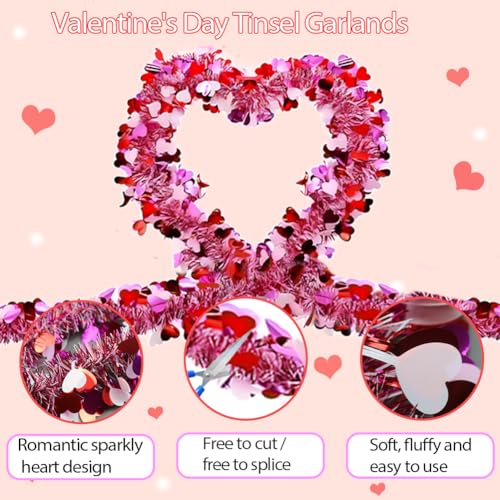 Image of 2Pcs Valentine's Day Tinsel Garlands 66FT Metallic Fringe Garland with Pink Hearts Glitter Streamers for Wedding, Engagement, Anniversaries, Romantic Love Valentines Day Decorations