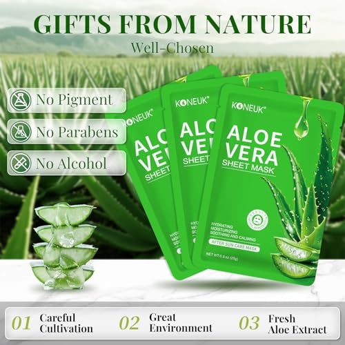 KONEUK 30 Pack Aloe Vera Hydrating Face Masks Skincare, Moisturizing & Soothing Sheet Face Mask for Skin Care, Bulk Aloe Face Masks for After Sun Care and Sunburn Relief