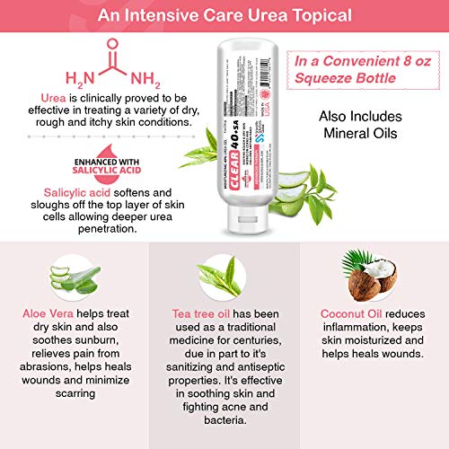 Clear 40 +Sa, 40% Urea Gel + 2% Salicylic Acid, 8 Oz W/Tea Tree & Coconut Oil, Aloe Vera, Callus & Corn Remover Softens Cracked Heels, Feet, Elbows, Hands, Nails, Superior Hydration To Urea Creams #TOP2