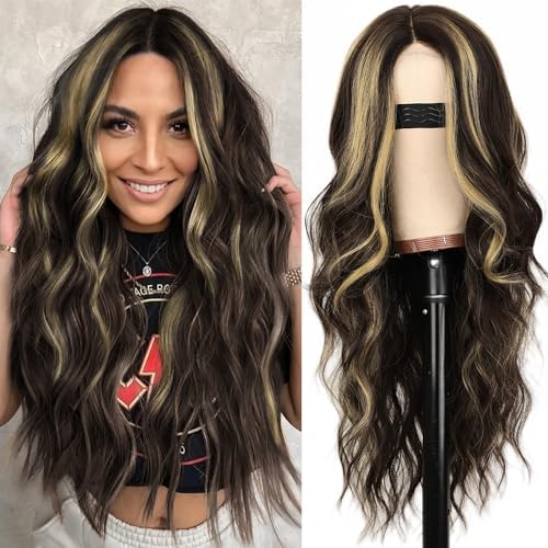 Long Ixed Blonde Highlight Wavy Wigs For Woen, 26 Inch Synthetic Hair Wig With Bangs Dark Root For Daily Party Use Ombre Blonde Highlight Wig White Golden Wigs For Cosplay Party Use P 23709298