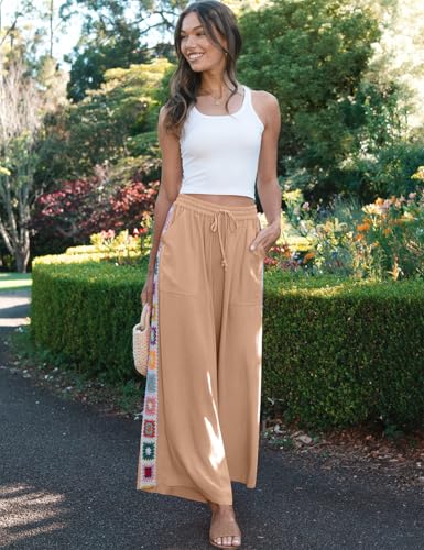 Image of TARSE Womens Wide Leg Linen Pants Summer Casual Drawstring Loose Lounge Palazzo Crochet Panel Pant with Pocket