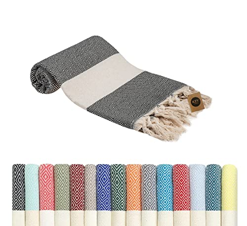 Image of KZY LONDON Beach Towel - Large Turkish Beach Towels for Camping, Swimming, Bath, Gym, Picnic - Quick Dry, Super Absorbent, Lightweight, Compact Cotton Hammam Towels for Adults, Men, Kids (Black, 1)