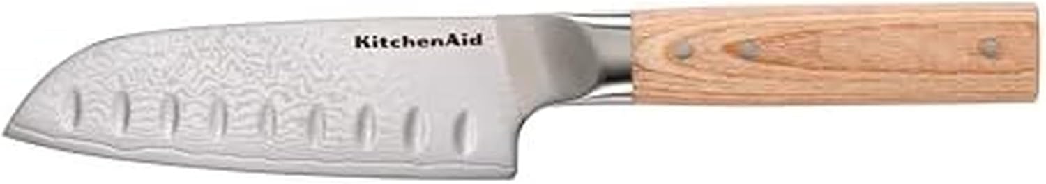 KitchenAid Premium 5-Inch Forged Santoku Knife - AUS-10 Damascus Steel Blade, Triple Rivet Pakkawood Handle, Sharp Kitchen Knife, Natural