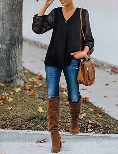 Bebonnie Plus Size Tops For Women, Feminine Balloon 3/4 Long Sleeve Causal Women Blouses And Tops For Work 2022 Loose V Neck Chiffon Blouses Dressy Tunic Tops For Women For Leggings Black 3X-Large #TOP2
