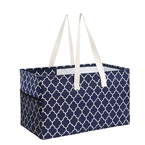 Llarug Canvas Collapsible Utility Tote Bag,Oversized Beach Bag,Reusable Grocery Shopping Bag,Large Laundry Carry Bag,Laundry Basket (Blue Lattice) #TOP4