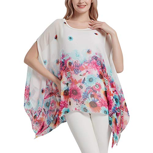 Wiiiwish Women's Floral Chiffon Blouse Batwing Summer Hippie Sheer Loose Caftan Poncho Tunic Shirt Tops