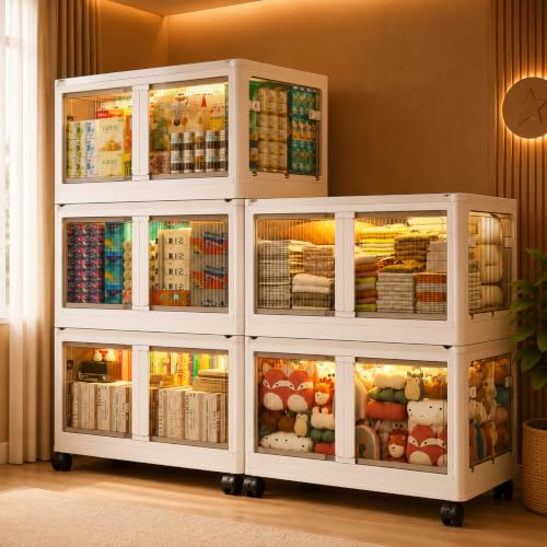 Image of 5 ๐๐๐๐ Plastic Rack for Storage Cabinet with Wheels | Multipurpose Shelf Storage Services Almirah Wardrobe for Clothes, Kitchen Cupboard | Plastic Organizer with Transparent Doors