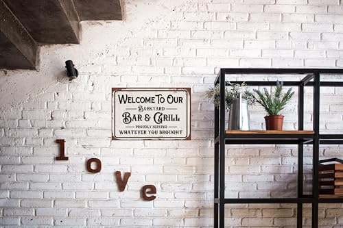 Vintage Metal Tin Sign, Funny Sarcastic Party Wall Art Decor, "Welcome to Our Backyard Bar" Plaque, 8x12 Inch Wall Decor for Home Bars, Pubs, Outdoors, Man Dens and Pool Areas
