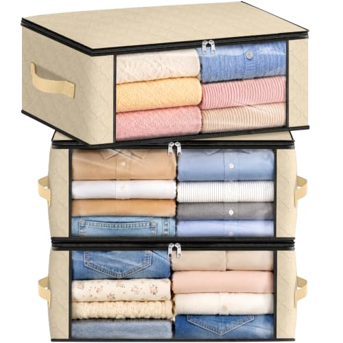 Image of Fab totes 35L Closet Organizers and Storage, Foldable Under Bed Storage Containers, Storage bags for Organizing Bedroom, Closet, Clothing,Organization with Handle (3 Pack,Beige)