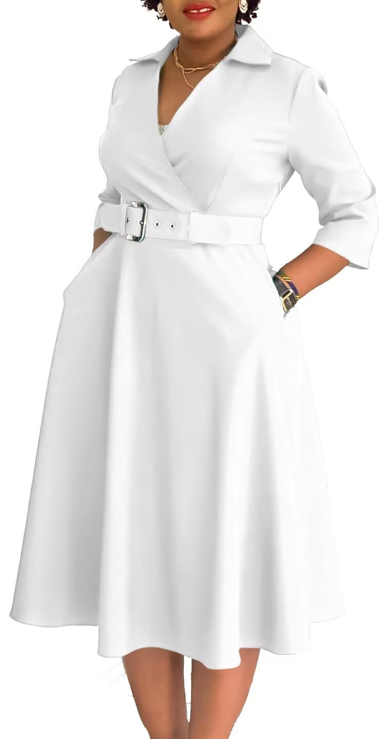 Womens Blazer Dress 3 4 Sleeve Suit Collar Dress Waist Pleated Elegance Belted Formal Work Office Business Dress