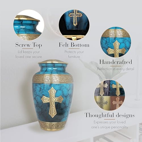 Image of Blue Cross Cremation Urn for Ashes Adult Male - Personalized Cremation Urns for Human Ashes Adult Man Decorative Urns - Beautifully Handcrafted Cross Urn