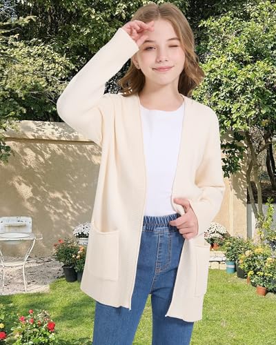 Image of WULFUL Girls Long Sleeve Cardigan Kids Casual Open Front Oversized Sweater with Pockets
