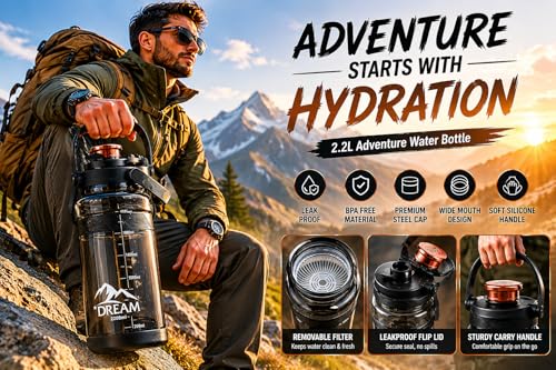 Image of 3.3 Liters Large Water Bottle With Straw & Handle, Sport Canteen Bottle With Time Marking, Leakproof Gym Water Bottle For Women & Men - Multicolor - Plastic (Dark Black)
