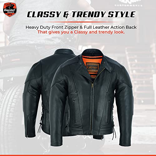 Daniel Smart Men’s Motorcycle Leather Jacket – Sporty Leather Jacket With Side Laces Euro Collar & Concealment Armory Pockets (Large) #TOP2