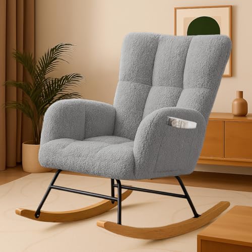 Image of COMHOMA Nursery Rocking Chair, Teddy Upholstered Glider Rocking Chair with Side Pockets, Accent Chair with High Backrest Reading Chair for Adult, Nursery, Bedroom, Living Room,Offices(Grey)