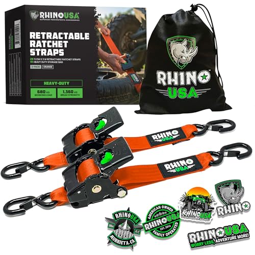 Rhino USA Retractable Ratchet Tie Down Straps (2PK) - 1,360kg Guaranteed Max Break Strength, Includes (2) Ultimate 5 cm x 3 m Autoretract Tie Downs with Padded Handles - Orange