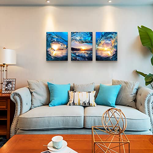 DZRWUBHS Canvas Wall Art For Living Room Bedroom Office - Blue Sea View Sunrise Ocean Waves - 3 Piece Set - 16" X 24" Large Size