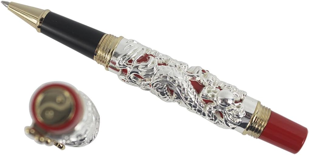 Collectible Luxury Carved Dragon and Phoenix Rollerball Pen - Silver & Red