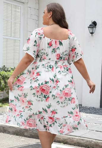 Image of Plus Size Chiffon Floral Dresses for Curvy Women Casual Summer A-Line Wedding Guest Party Dress with Smocked Waist