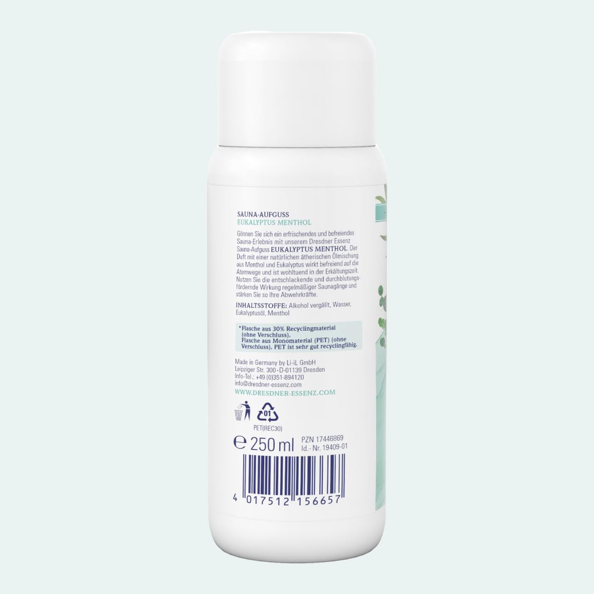 Dresdner Essenz Infusión de eucalipto mentol para sauna, 250 ml, refrescante sauna con mentol y aceite de eucalipto, liberadora y beneficiosa para las vías respiratorias, vegana