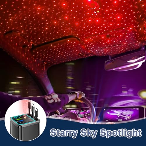 Image of STHIRA 120W Fast Car Charger Type C with Retractable Cables 7 in 1 Multi-Port USB-A & USB-C PD Charging Station LED Voltage Display Starry Ambient Light Car Charger Socket
