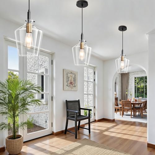 Image of Glass Pendant Lighting for Kitchen Island 3 Pack Black Gold Clear 8 Inch