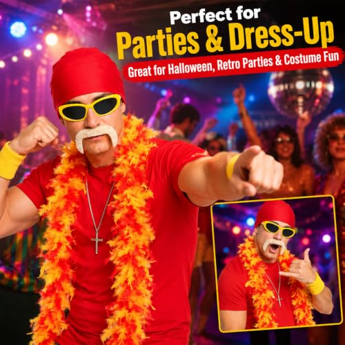 Gocasmus 6PCS Retro Wrestler Costume Accessories Set for Adults, Red Bandana Yellow Sunglasses Feather Boa Fake Mustache Wristbands Cross Necklace for Halloween Cosplay Costume Party - image 4