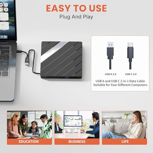 Image of Techie 8-in-1 External DVD Drive with USB Hub, SD TF Card Reader and Type-C Power Port - Dual USB-A and Type-C Interface CD DVD Reader Writer for Laptop, MacBook, PC and Tablets (Black Grey)