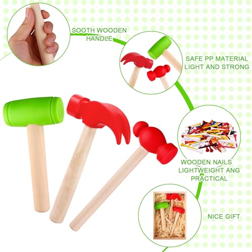 Image of 12Pcs Hammer Toys with 100Pcs Small Wooden Hammer Simulation Fake Hammer Maintenance Tools,Toy Hammer Plastic Toddler Claw Hammer Portable Toys Pretend Play Fake Mallet Hammer for Boys Girls