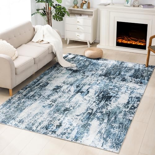 Carvapet 8x10 Area Rugs for Living Room Bedroom, Washable Modern Boho Large Carpet, Low Pile, Non Slip, Foldable, Soft Area Rug with Rubber Backing (8 x 10 Feet, Dark Blue)