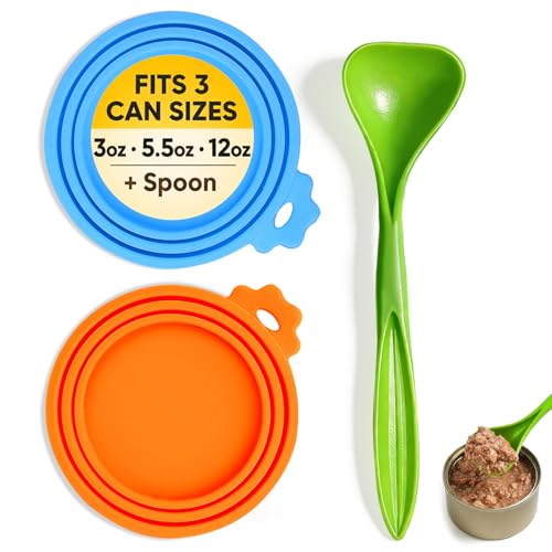 Lydias Deal Pet Food Can Covers 2-Pack Thick Silicone Universal Can Lids for Dog & Cat Food Fits 3oz/5.5oz/12oz Airtight Seal Durable & Dishwasher Safe Easy Grip with Spoon (Blue & Orange)