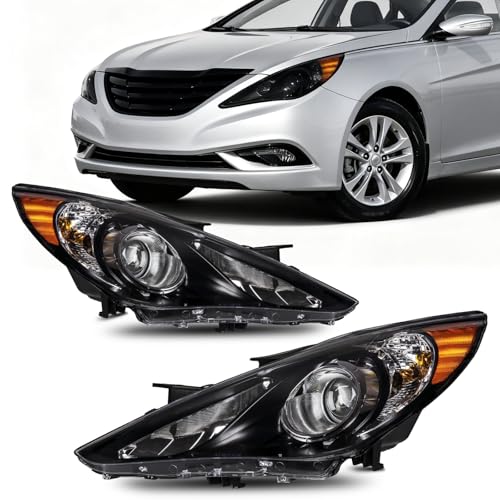 Torchbeam Headlight Assembly Compatible with 2011 2012 2013 2014 Sonata GLS/Limited/SE Headlamp Replacement for Black Housing Amber Reflector Driver and Passenger Side (Except Hybrid)