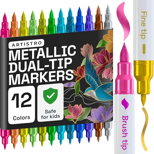 ARTISTRO 12 Metallic Acrylic Paint Markers - Paint Pens for Drawing, Brush + Fine Tips - For Fabric, Rock, Glass, Wood, DIY - Art & Craft Supplies for Adults, Teens, Kids - Teacher Appreciation Gift