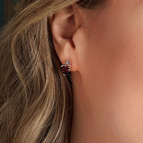 Jewelili Enchanted Disney Fine Jewelry Snow White Heart Earrings for Women | 14K Rose Gold over Sterling Silver | Garnet & 1/20 CTTW White Diamonds | Push Back Studs | Princess Inspired Jewelry Gifts for Her2