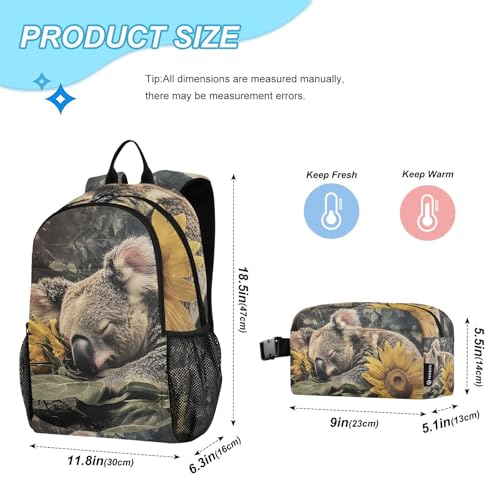Backpack Lunch Bag Set for Travel Hiking Picnic, Koala Sunflower Print Backpacks with Insulated Lunch Box2