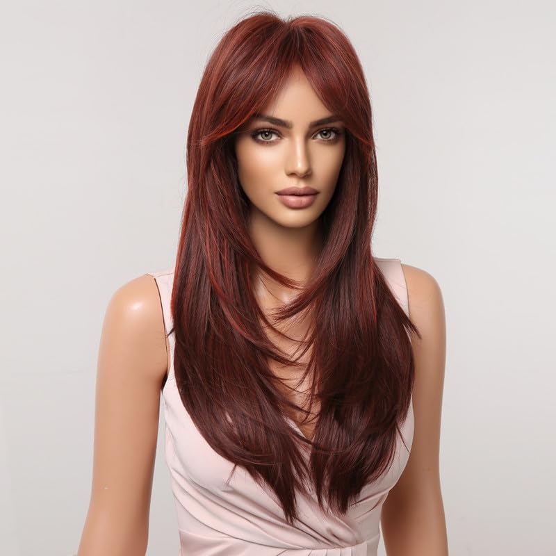 LANOVA Chotolate Brown with Blonde Highlights Straight Wigs,Long Layered Brown Wig for Woman,Balayage Face Franming Wig with Curtain Bangs LANOVA-294