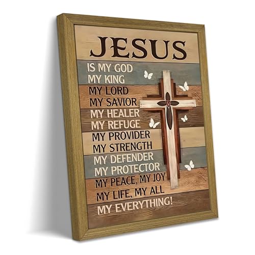 Framed My God Jesus Wall Art Canvas Prints, Christian Inspirational Quote Wall Decor, Vintage Cross White Butterflies Artwork, Religion Bible Verse Decor Art for Bedroom Prayer Room – 8x10in