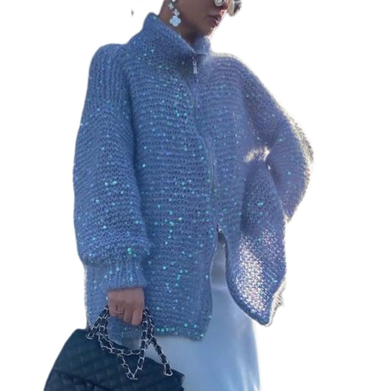 Womens Oversized Sequin Sweater Fashion Stand Collar Lantern Sleeve Zip Up Cardigan Sweaters
