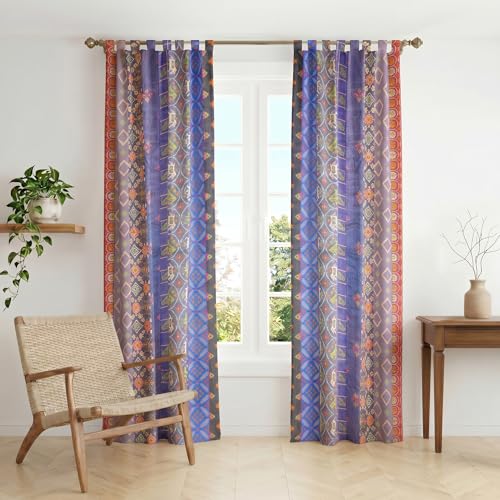 THE ART BOX Blue Silk Sari Curtains &ndash; Boho Patchwork Window Panels, Indian Recycled Silk Blend...