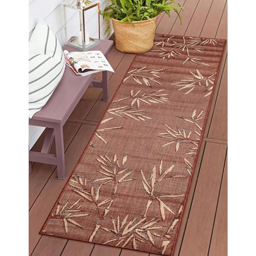 Liora Manne CARMEL - Alfombra de mezcla sintética para interiores y exteriores, de perfil bajo, borde de transición, decoración de hojas botánicas (borde de bambú chil) (1 pie 11 pulgadas x 7 pies 6