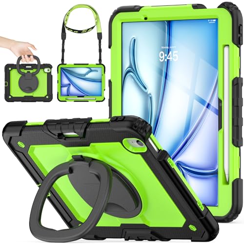 SEYMAC stock iPad Air(M3/M2) 11インチ（2025/2024）リングハンドル耐衝撃ケース 保護フィルム付き前面カバー ペン収納 360°回転リングハンドルスタンド ショルダーストラップ iPad Air 11 第7/6世代専用型（グーリン）