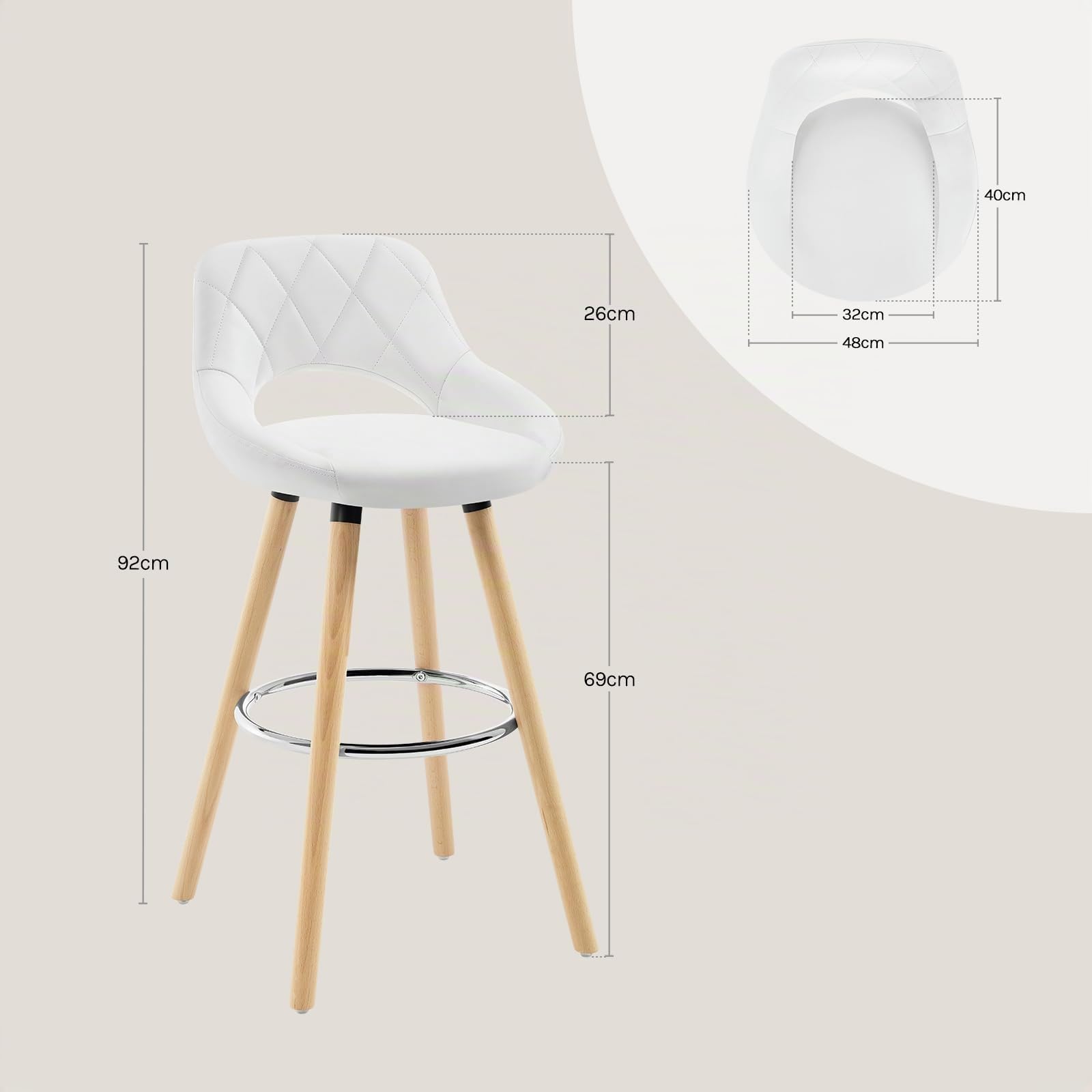 WOLTU Juego de 2 Taburetes Altos con Respaldo Ahuecado y Reposapiés, para Bistro, Cafeteria y Cocina, con Funda de Piel Sintética y Patas de Madera, Blanco